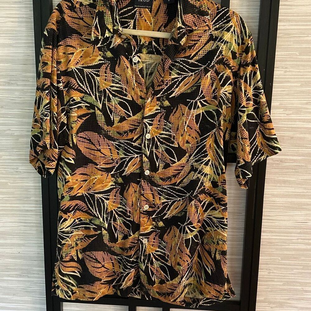 Izod 100% silk washable mens Hawaiian style short sleeve button-down shirt M bla